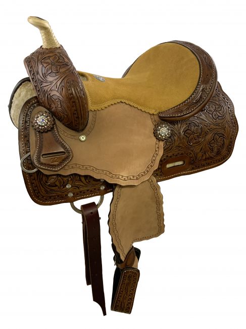 12" Double T  Medium Oil Youth Barrel style saddle set with suede seat