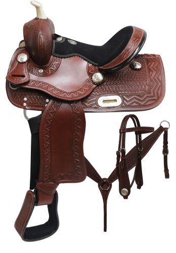 12" Double T Youth barrel style saddle set with zigzag and basket weave tooling