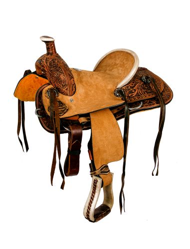 12" Double T hard seat roper style saddle with floral tooling