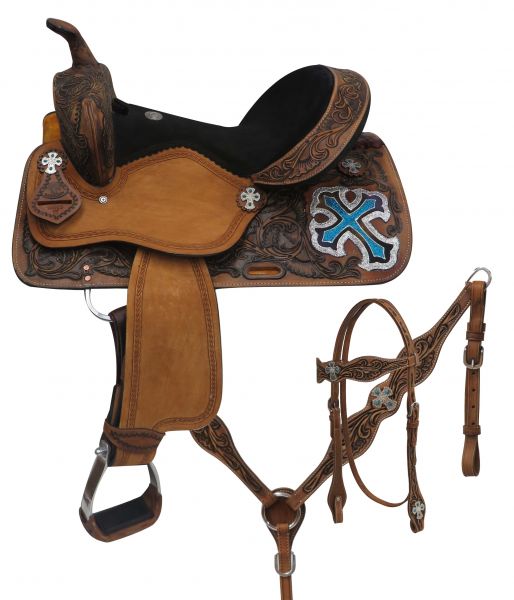 14", 15", 16" Double T  barrel style saddle set with metallic cross