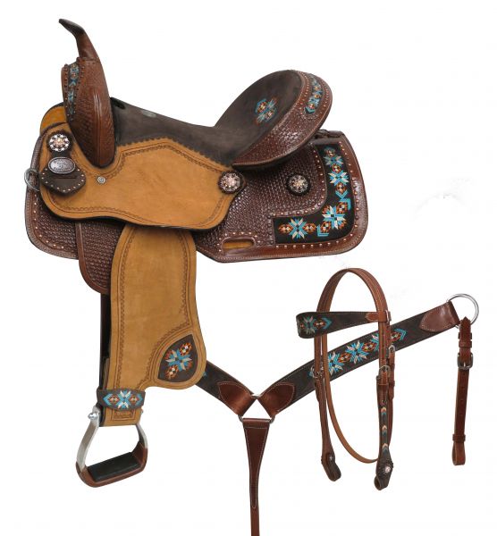 14", 15", Double T  barrel style saddle set with embroidered Navajo