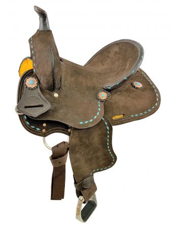 13" Double T  Barrel style saddle with Oiled Rough out leather, Teal buckstitch accents and flower conchos