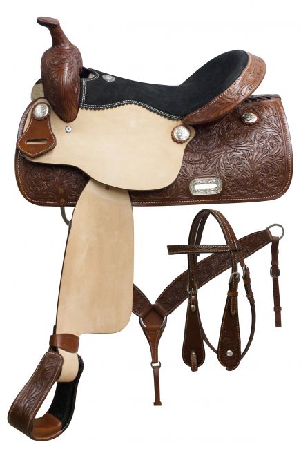15", 16", 17" Double T pleasure style saddle set with floral tooling
