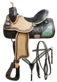 15", 16" Double T barrel saddle set with teal filigree inlay