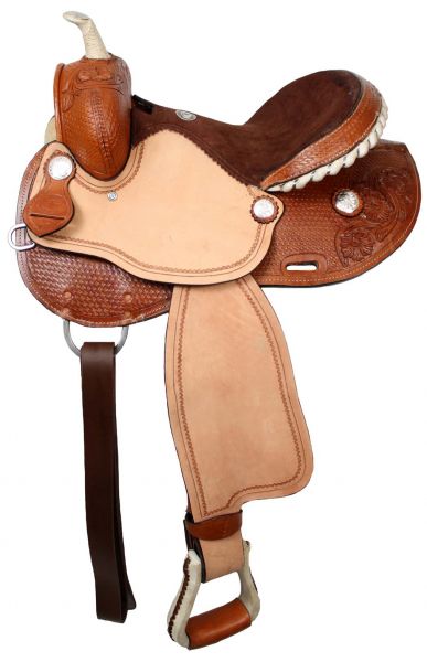 15", 16" Double T barrel saddle with silver laced rawhide cantle, roughout fenders and jockies