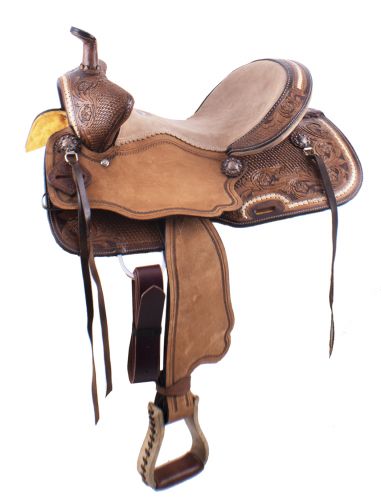 15" Double T Basket weave and Floral Tooled Barrel Style Saddle
