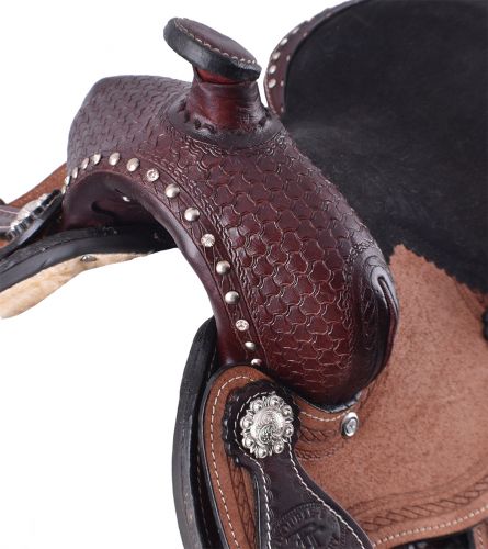 10" Double T pony saddle with basketweave tooled pommel, cantle, and skirt