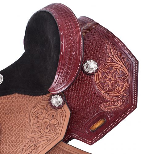 12" Double T youth saddle with floral and basketweave tooled pommel, cantle, and skirt