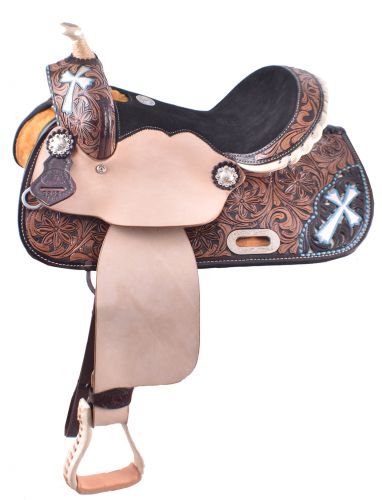 13" Double T Barrel style saddle with hand painted cross design