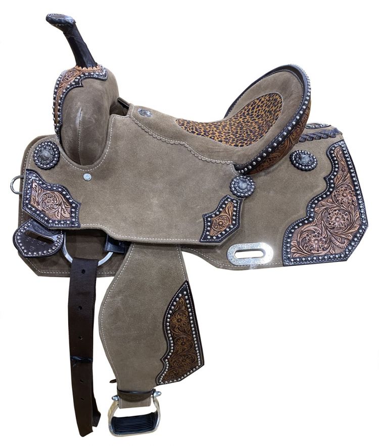 13" DOUBLE T Rough Out Barrel style saddle with Cheetah Printed Inlay