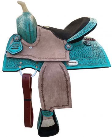13" Double T Teal Pony/Youth saddle with rough out accents
