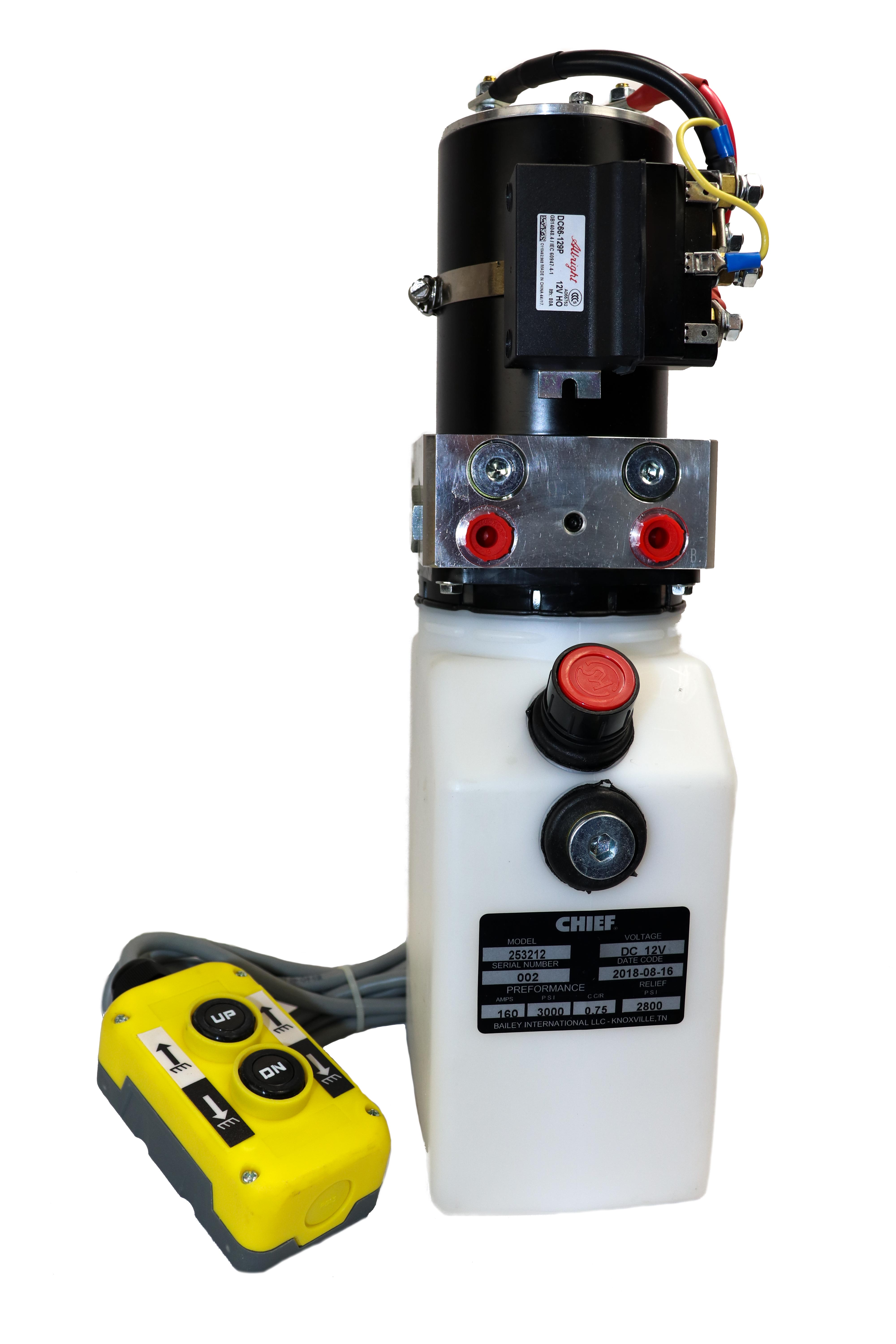 CHIEF COMPACT HYDRAULIC POWER UNIT (12VDC, DOUBLE ACTING): SAE 4 PORTS, 2800 PSI, 3 LITER TANK
