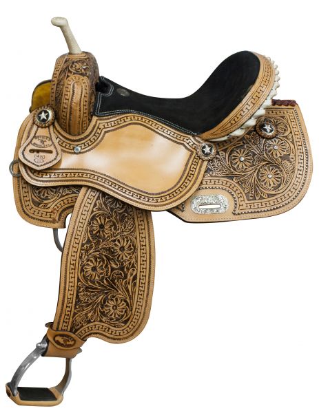 Double T barrel saddle with floral tooling and black inlay