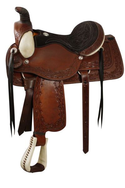 Roper Style Saddle with a suede leather seat with stitching