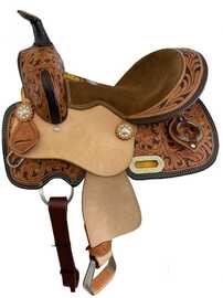 12" Double T Youth barrel style saddle set with a two-tone floral tooling