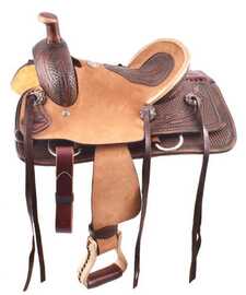 12" Double T  hard seat roper style saddle with basketweave and feather tooling