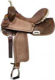 14" 15" 16" Double T Barrel Style Saddle with Brown Filigree Seat and Tooling
