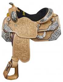 16" Showman ® show saddle with floral tooling and black inlay trim with silver accents