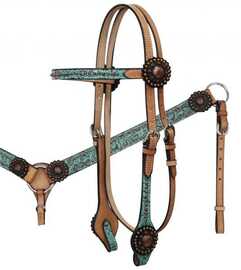 Showman Light Oil Filigree Headstall and Breast Collar Set with Copper Rosette Conchos