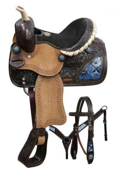 10" Double T pony saddle set with blue snake print inlays