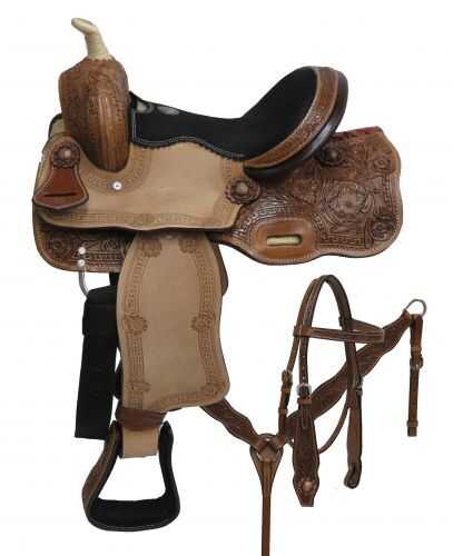 12" Double T pony saddle set with floral tooling