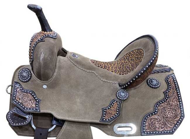 14", 15" DOUBLE T Rough Out Barrel style saddle with Cheetah Printed Inlay.