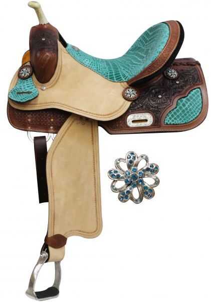 14", 15", 16" Double T Barrel Style Saddle with Teal Alligator Print Accents
