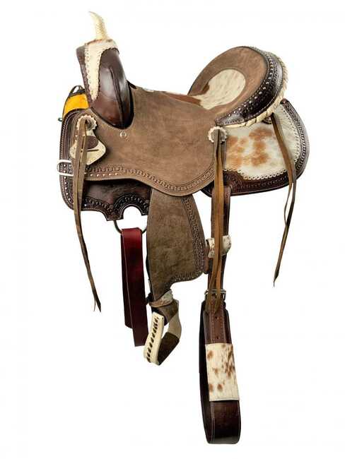14", 15", 16" Double T Dark Oil Hard Seat Barrel style saddle with Hair on Cowhide accents.