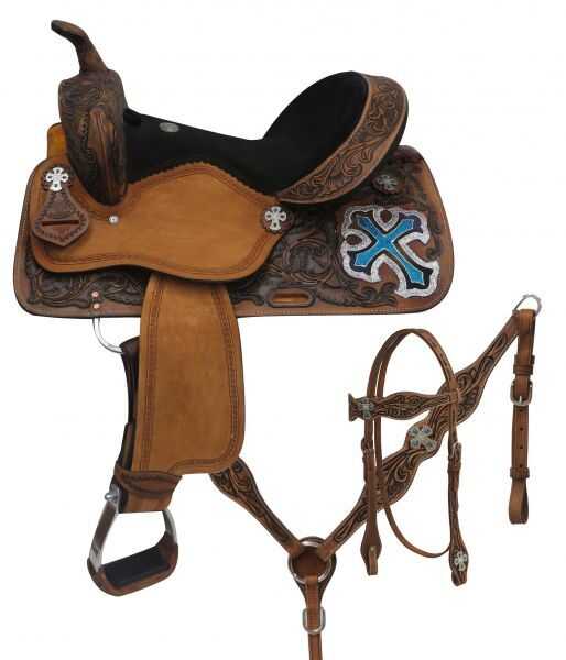 14", 15", 16" Double T  barrel style saddle set with metallic cross