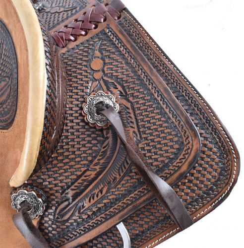 12" Double T  hard seat roper style saddle with basketweave and feather tooling