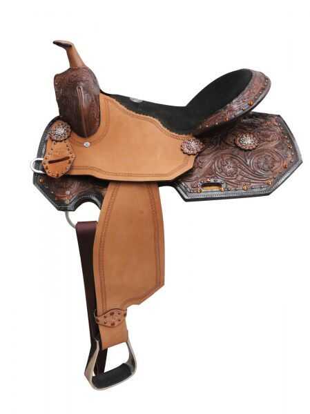 16" Double T  barrel style saddle with amber colored rhinestones and floral tooling