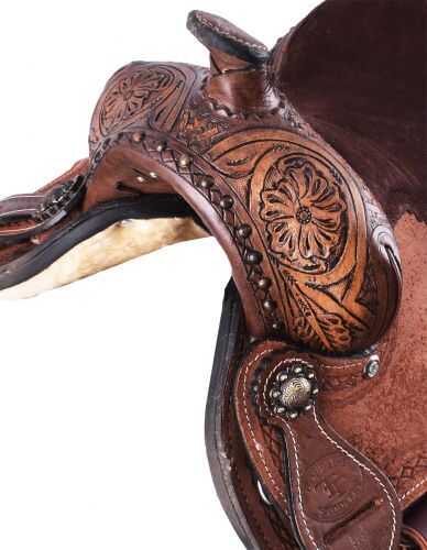 10" Double T pony saddle with floral and basketweave tooled pommel, cantle, and skirt