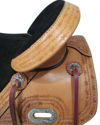 15", 16" Circle S Treeless Saddle with barbwire tooled trim.