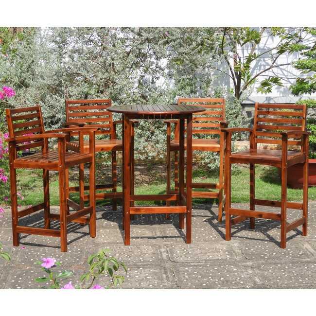 Hialeah Acacia Hardwood 5-Piece Outdoor Bar Height Dining Set (Horizontal Slat Chairs)