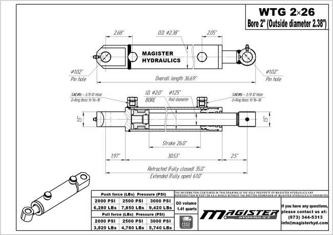 2" bore x 26" stroke tang hydraulic cylinder